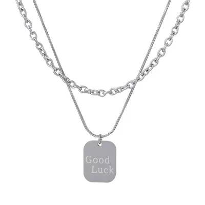 China CLASSIC stainless steel non fading double-layer letter good luck square necklace female minority personality simple sweater pendant for sale