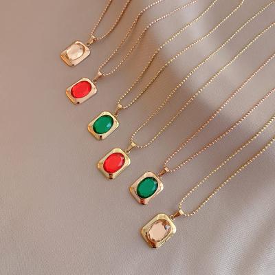 China Other Retro Jewelry Wholesale Simple Square Inlaid Stainless Steel Minority Oval Diamond Inlaid Necklace for sale