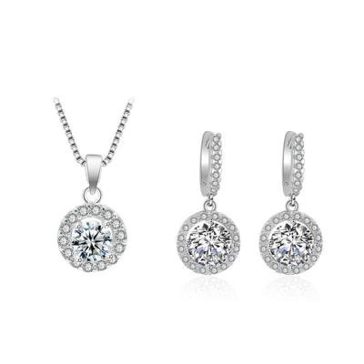 China Environmental Friendly Jewelry Women Wedding Silver CZ Pendant Gemstone Display Round Necklace Bridal Earring Set for sale