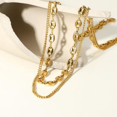 China 18K Pig Nose Chain Double Layer Chain Environmental Friendly Gold Plated Fashion Simple Stainless Steel Necklace for sale