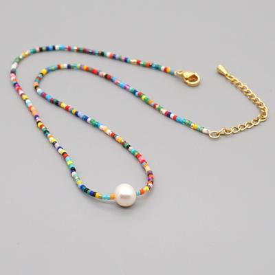 China Light Luxury Baroque Natural Freshwater Pearl Rice Long Necklace Environmentally Friendly Colorful Pearl Dangle Women's Long Necklace for sale