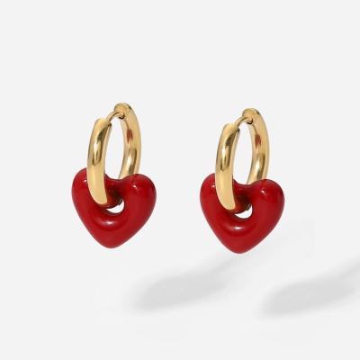 China New Environmental Friendly Titanium Steel Women's 14K Gold Stud Resin Earring Ring Stainless Steel Red Heart Shaped Earrings for sale