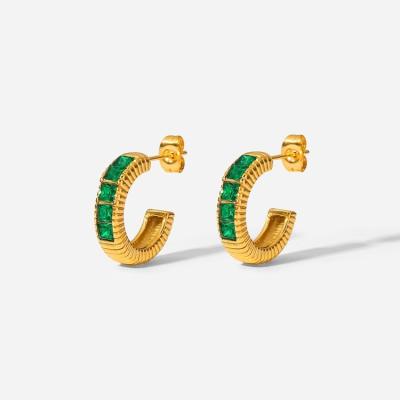 China Retro 18K Gold Stainless Steel Five Square Green Zircon Inlaid Wire C French Environmental Friendly Elegant Stud Earrings For Women for sale