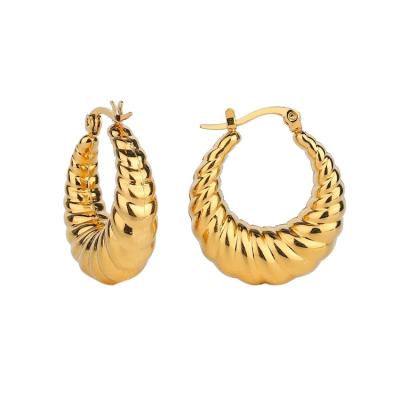 China Environmental friendly fashion 18k gold plated stainless steel shrimp text line earrings twist loop huggie crescent shape earrings for sale