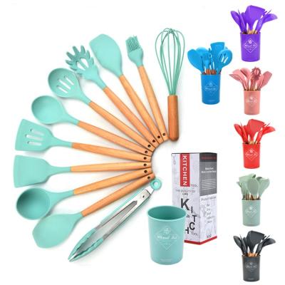 China JinHaiYue Sustainable Hot Selling Wooden Handle 12pcs Silicone Cooking Kitchen Utensils Set for sale