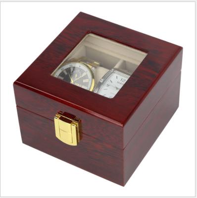 China 2 Slot Watch Box 2 Slot Lid Wood Lacquered Glass Couple Watch Display Box Case for sale