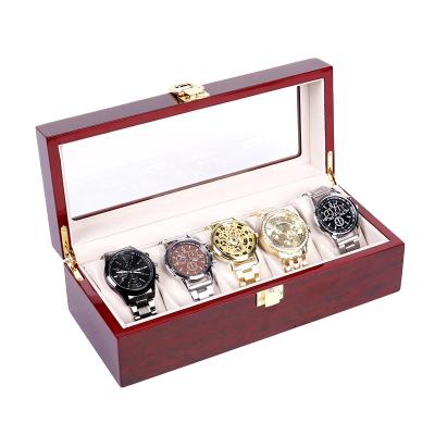 China 5 Slot Wooden Watch Box 5 Fasion Design Wood Lacquered High Gloss Mahogany Long Wrist Watch Display Box for sale