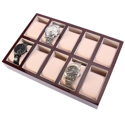 China 10 Slot Watch Tray 10 Slot Counter Bracelet Watch Display Storage Dark Red Wood Lacquer Tray for sale