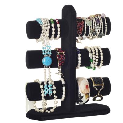 China Popular MDF black velvet 3-Bar watchband jewelry bracelet display stand rack wood+plastic pipe+velvet for sale