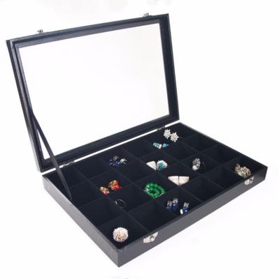 China Factory Lid 24 Split Divided Cross Velvet Ligning Jewelry Box Factory 24 Parts Promotional Black Glass Compartment Slot for sale