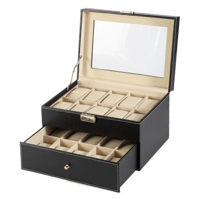 China PU Watch Box 2 5 6 10 12 20 24 Leather Luxury Organizers Popular Fashion Black Packing PU Wrist Watch Display Storage Box for sale