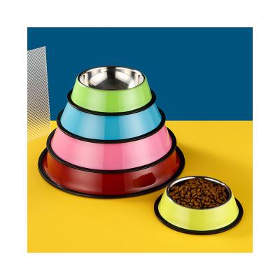 China 18cm Hot Selling Non-automatic Small Size Printed Dog Bowl Pet Food Colorful Non-slip Drinking Dish Pet Bowl Cat Bowl Stainless Steel for sale