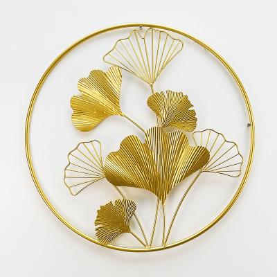 China Eco-friendly Metal Wall Frame Round Leaf Metal Decor Wall Art Scandinavian New Style Gold Metal Wall Decoration for sale