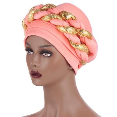 China African Braid Turban Headwear Bandanas Women Muslim Headscarf Hat Turban Headwrap With Sequin Adult Size for sale