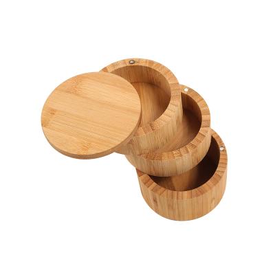 China Bamboo Utensils Storage Accessories Wholesale Kitchen Salt and Spice Storage Containers Round Bamboo Seasoning Jar for sale