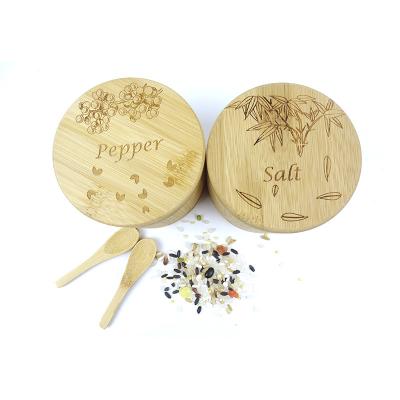 China Sustainable Custom Spice Containers Salt Pepper Canisters Kitchen Bamboo Eco-friendly Round Bamboo Salt Box for sale