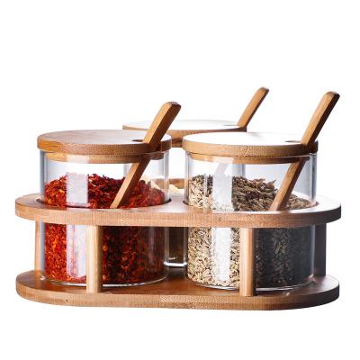 China Wholesale Eco-Friendly Sustainable Seasoning Glass Box Spice Jars With Bamboo Lids Set Bamboo Salt Box for sale