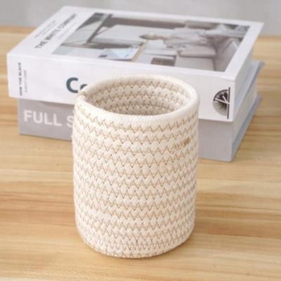 China Viable Household Cabinet Organizer Office Sundries Snacks Storage Barrel Bathroom Makeup Cotton Rope Storage Basket for sale