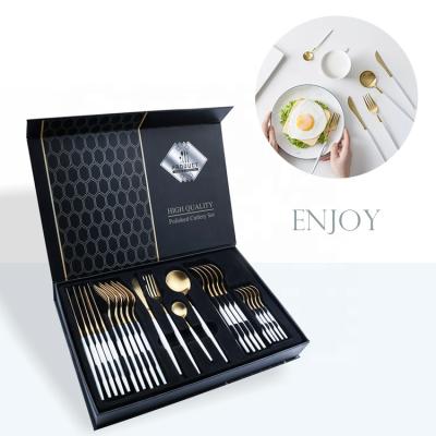 China Custom Viable Luxury Cutlery Set Box Gift Package 18/10 Stainless Steel White Gold Stainless Steel Flatware Sets for sale