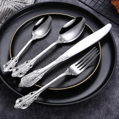 China Sustainable High End Vintage Luxury Forks Knife and Spoons Food Grade Stainless Steel Royal Flatware Silver Gold Flatware Sets for sale