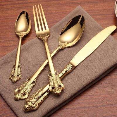 China Viable Elegant Luxury Cutlery 304 Spoon Fork Knife Gold Plated Reusable Royal Stainless Steel Flatware Set for sale