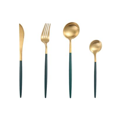 China 304 High-end Luxury Viable Gold Stainless Steel Cutlery Set Silver Spoon Knife Fork Flatware Metal Dark Green Cutlery for sale