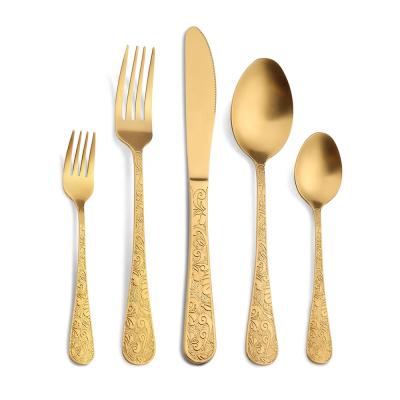 China Viable Fancy Design Embossed Stainless Steel Flatware Set With Cheapest Price 5pcs 20pcs Flatware Sets for sale