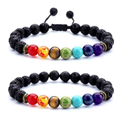 China BOHEMIA 7 Chakra Energy Stone Beads Pulsera Hombre Handwoven Adjustable Natural Black Bracelets Set For Women Men for sale