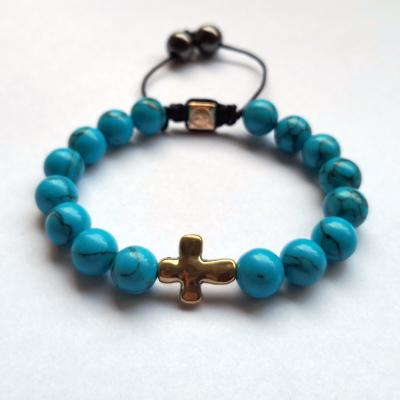 China ALLOY Rope Braided Jewelry Turquoise Beads Gold Plated Cross Pendant Beaded Bracelet for sale