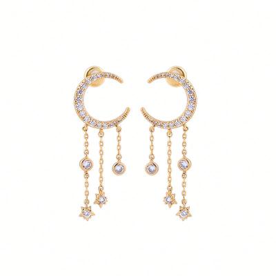 China BOHEMIA Gold Plated Brass Zircon Crystal Moon Star Earrings for sale