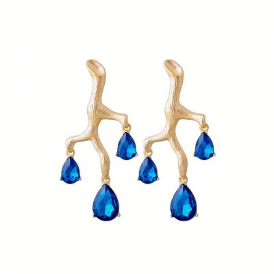 China Vintage Gold Plated Glass Waterdrop Tree Branch Statement Earrings for sale