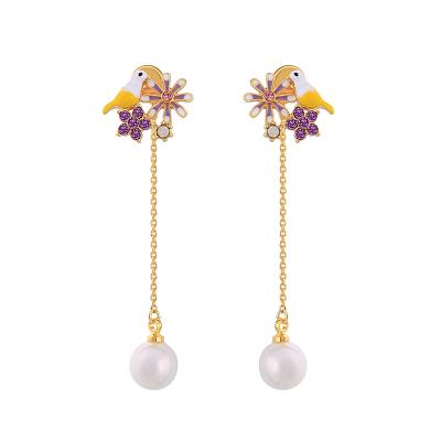 China Cute Vapor Stripper Peruvian Jewelry 950 Crystal Flowers and Enamel Bird Pearl Earrings for sale