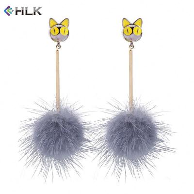 China Korean BOHEMIA Handmade For Women Jewelry Lots Wholesale Earring Split Cat Pompom Drop Earring Yellow for sale