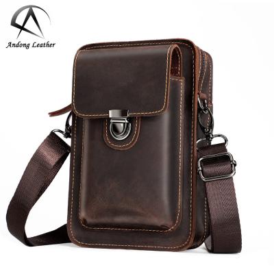 China Water Proof Andong Crazy Horse Leather Men Shoulder Messenger Bag Cowhide Wear Belt Phone Pouch Waist Pack Retro Male Sling Bags for sale