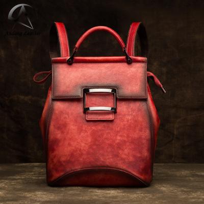 China Large Capacity Handmade Andong Cowhide Women Retro Cowhide Shoulder Bag Solid Color Waterproof Genuine Leather Backpack Walking Travel Bags for sale