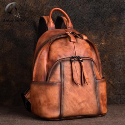 China Andong Cowhide Retro Handmade Genuine Leather Solid Zipper Handbag Soft Leisure Women Backpack Large Capacity Travel Bags for sale