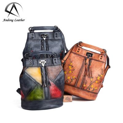 China Andong waterproof women backpack fashion cowhide bucket European large capacity vegetable tanned genuine leather backpacks rub retro color for sale