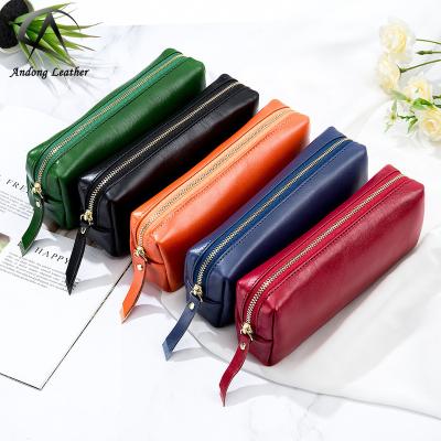 China Fashion Large Capacity Pencil Case Cow Cosmetic Pouch Glass Zipper Storage Multifunctional Genuine Leather Coin Purse Bag For Women for sale