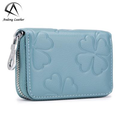 China Fashion Andong Card Holder Genuine Cow Leather Clover Embossing Korean Zipper Coin Purse Wallet For Women RFID for sale