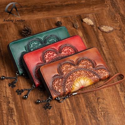 China Andong Waterproof Cowhide Ladies Long Purse Retro Genuine Cow Leather Women Hand Painted Clutch Phone Pocket Wallets Bag for sale