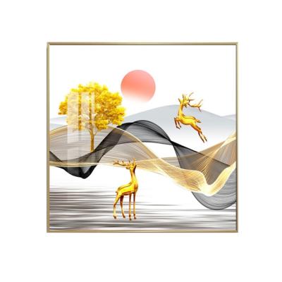 China Modern Home Art Gold Glass Nordic Wall Art Deer Decoration Porcelain Crystal Painting for sale