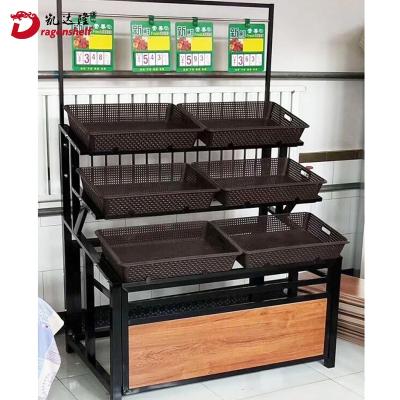 China Wooden Supermarkt Display Supermarkt Exhibit Dragonshelf Fruit Vegetable Rack With Large Price Display Device Stores for sale