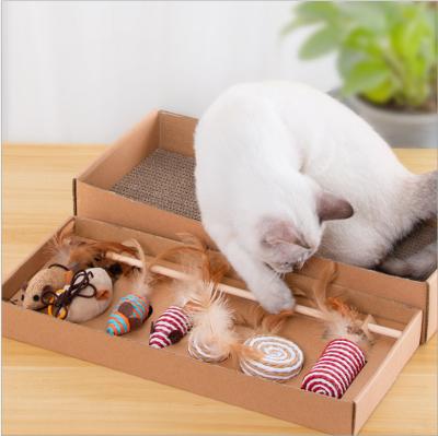 China Wooden Toy 7 Sets Viable Plush Custom Cute Cat Interactive Magic Wand Feather Cat Toy Chest for sale