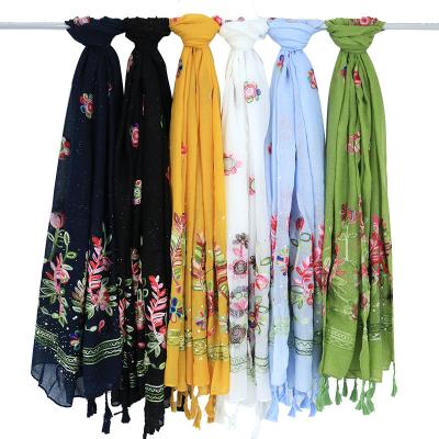 China Hot sale custom made muslim long embroidered cotton and silk crystal fringed rhinestonelinen scarf canvas ladies scarf for sale