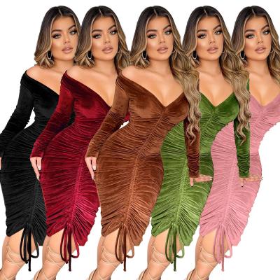 China Latest Design Breathable Solid Velvet Bodycon Dress Party Wear Dresses For Women Elegent Fashion Style Off The Shoulder Pleated Dresses 2022 for sale