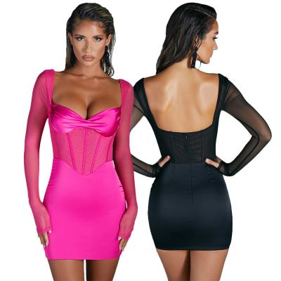 China Breathable Night Out Satin Corset See Through Backless Long Sleeve Sexy Night Clubwear Club Dresses Bodycon Mini Party Dress for sale