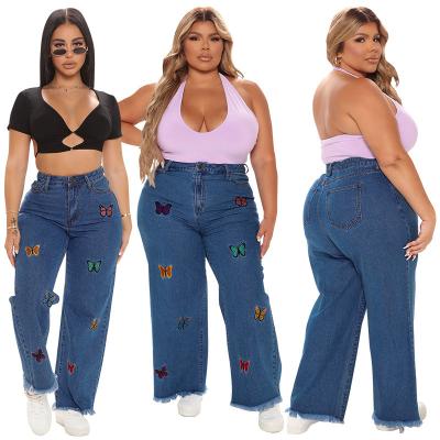 China 2022 Customs Viable Wholesale Plus Size Jeans Bell Bottom Wide Leg Denim Stacked Women Jeans Pants Loose Trousers For Women Plus Size for sale