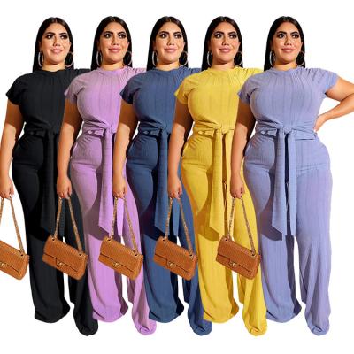 China 2021 summer QUICK DRY two piece set for fat women plus size 3XL 4XL shape solid color women club clothes with bandage for sale