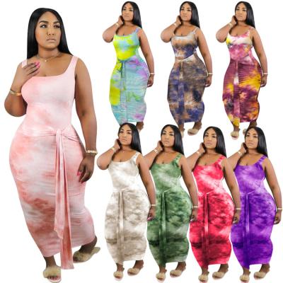 China 2021 Hot Selling Women's 3XL 4XL Breathable Sleeveless Tie Dye Plus Size Bodycon Sexy Maxi Dress Fat Woman Clothes Belts for sale