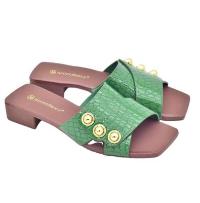 China Summer Green PVC ZIP Pu PU Rubber Slipper with Print Pattern and Zipper Closure Desig for sale